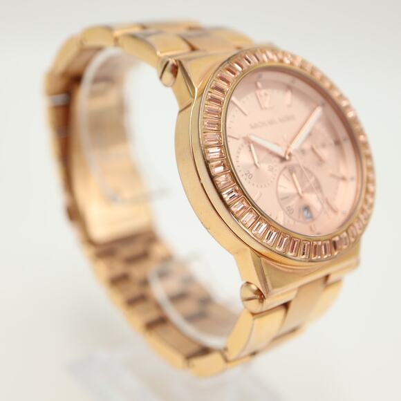 Michael Kors Dylan Rose Gold Tone Chronograph Watch Gem Bezel MK5412 New Battery - Picture 8 of 12
